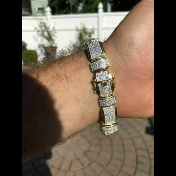 Mens Custom Bracelet 14k Yellow Gold Plated Solid 925 Silver Simulated Diamonds - Picture 4 of 10